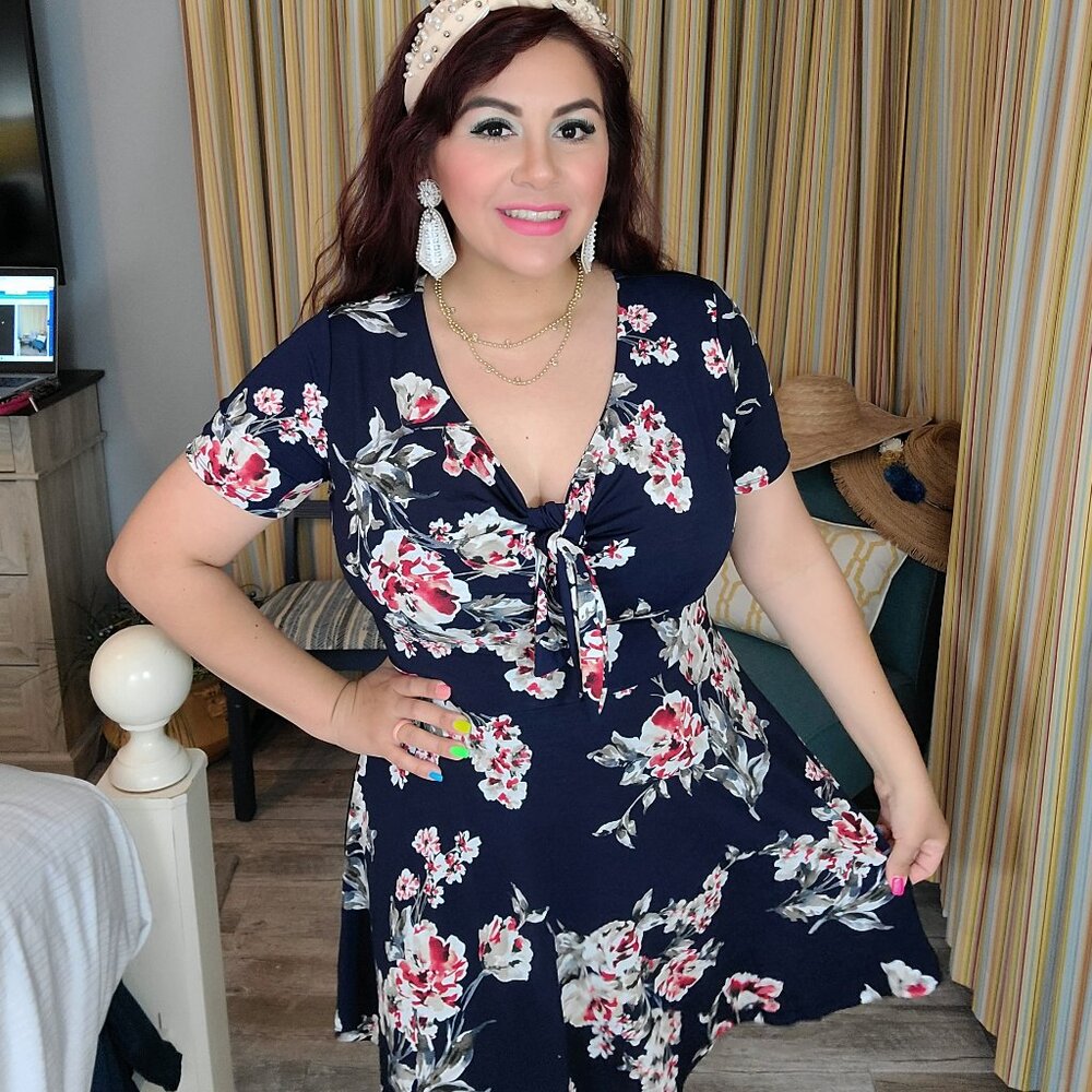 Floral Ties Dress-Navy